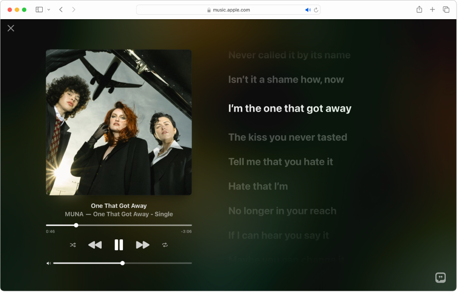 The Full Screen Player with a song playing and lyrics on the right, which appear onscreen in time with the music.