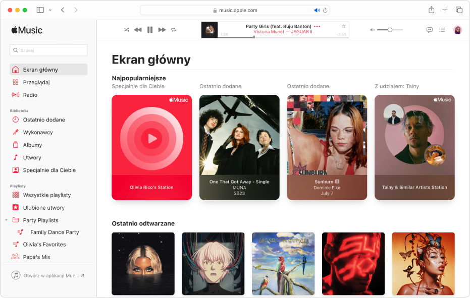 Apple Music w przeglądarce Safari z wyświetlonym ekranem Ekran główny.