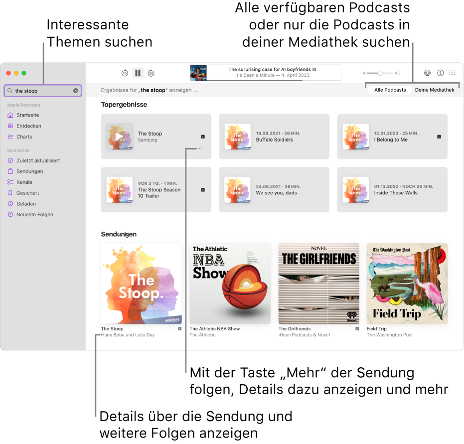 Das Podcasts-Fenster mit eingegebenen Text im Suchfeld links oben und den beim Durchsuchen alle Podcasts gefundenen passenden Folgen und Sendungen auf der rechten Seite. Klicke auf den Link unter der Sendung, um Details über die Sendung und ihre Folgen anzuzeigen. Verwende die Taste „Mehr“ der Sendung, um der Sendung zu folgen, ihre Einstellungen zu ändern und mehr.