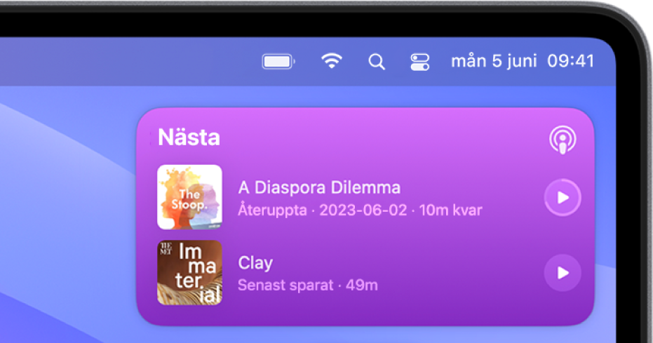 Det övre högra hörnet av Mac-skrivbordet där det finns en widget med två kommande avsnitt.