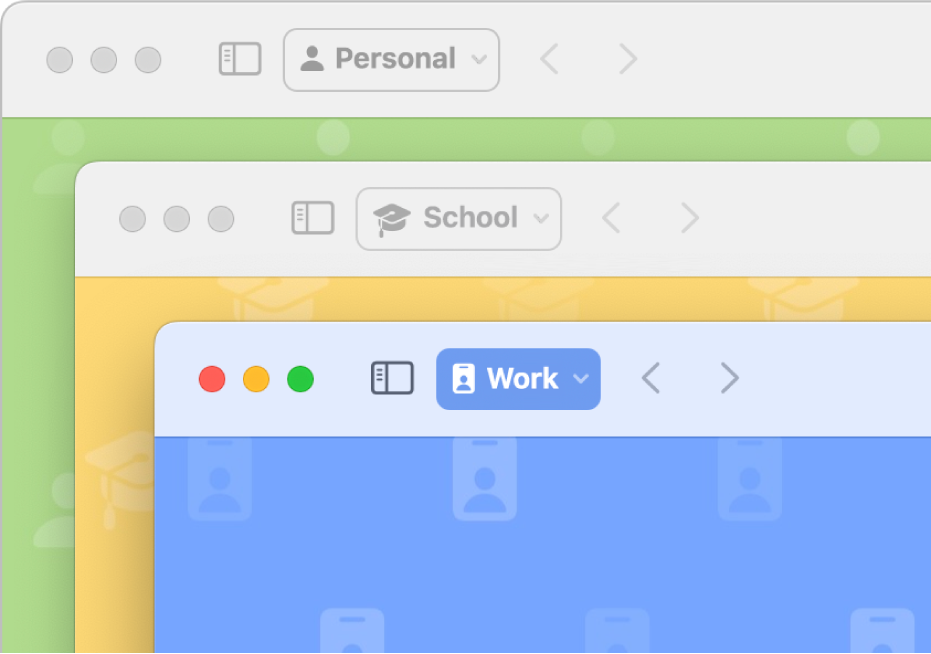 Three Safari profile windows: one for personal use, one for school and one for work.