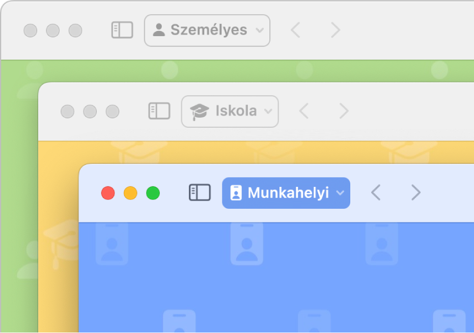 Három Safari-profilablak: egy személyes használathoz, egy az iskolához és egy munkára.