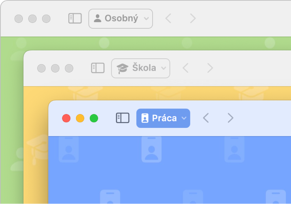Tri okná profilov v Safari: jeden pre osobné použitie, jeden pre školu a jeden pre prácu.