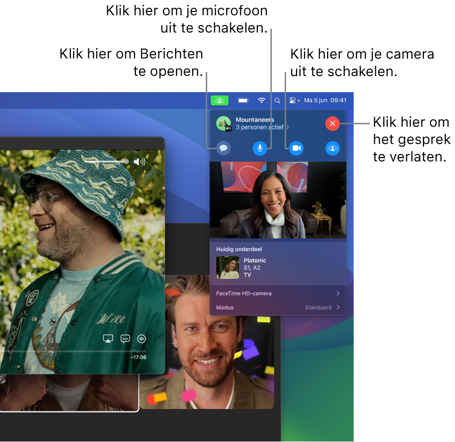 SharePlay-regelaars in de menubalk waaronder knoppen voor het openen van de Berichten-app, het stilhouden van de microfoon, het uitschakelen van de camera en het verlaten van het gesprek