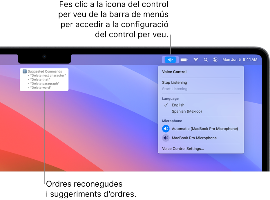 La finestra de resposta del control per veu amb suggeriments d’ordres de text, com ara “Eliminar eso” o “Hacer clic en Editar”, a sobre.