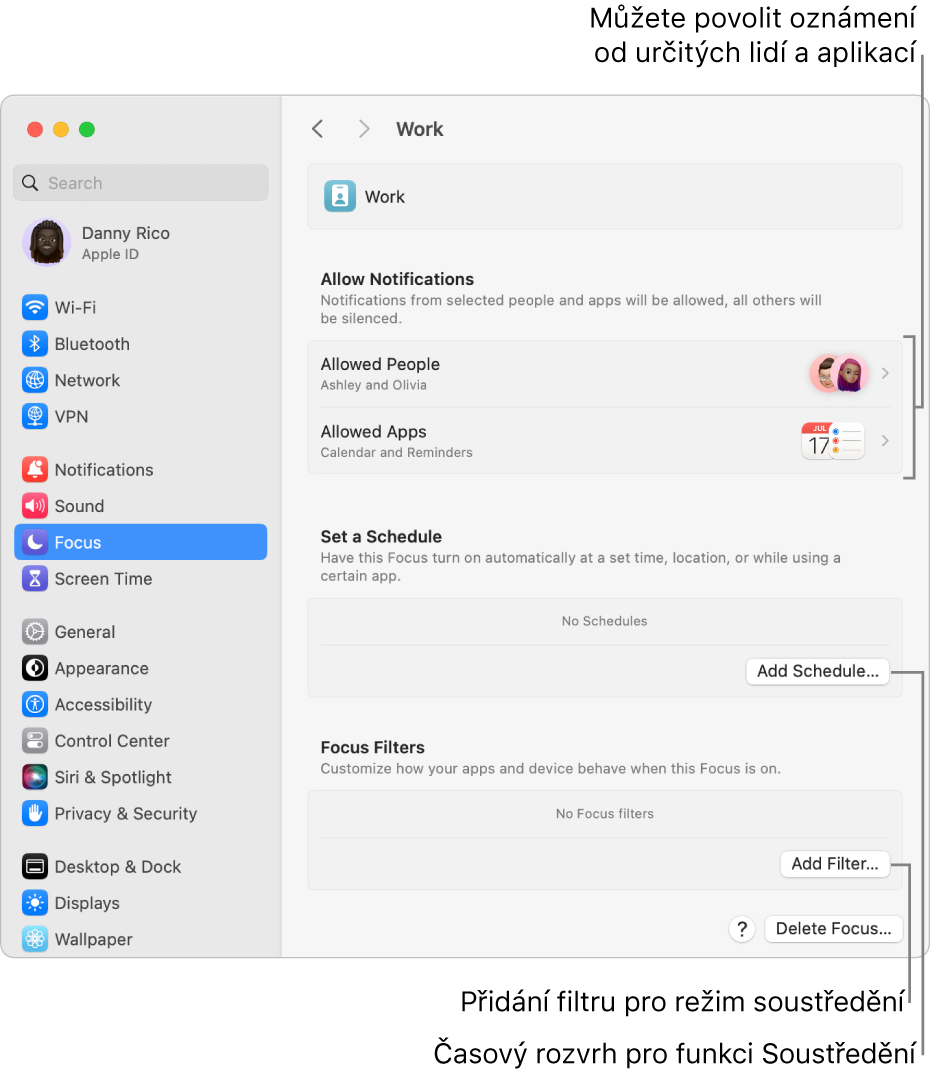 Nastavení režimu soustředění s volbami pro režim Práce. Nahoře je vidět seznam lidí a aplikací, jejichž oznámení jsou povolená, když je režim Práce aktivní.