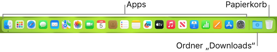 Das Dock mit Symbolen für Apps, dem Stapel „Downloads“ und dem Papierkorb