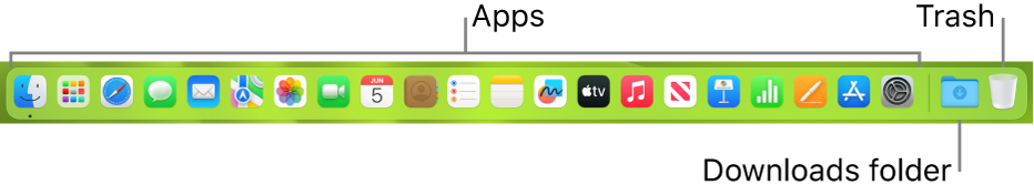 The Dock showing icons for apps, the Downloads stack, and the Bin.