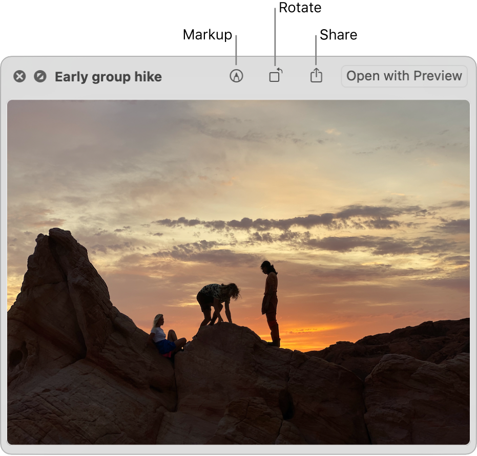 An image in the Quick Look window with buttons to mark up, rotate or share the image, or open it in the Preview app.