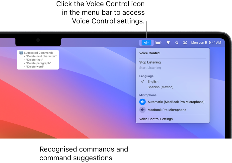 The Voice Control feedback window with suggested text commands, such as Delete that or Click Delete, displayed above it.