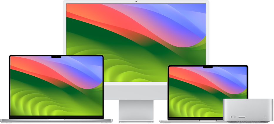 From left to right, a MacBook Pro, iMac and MacBook Air with colourful desktops. A Mac Studio is on the far right.