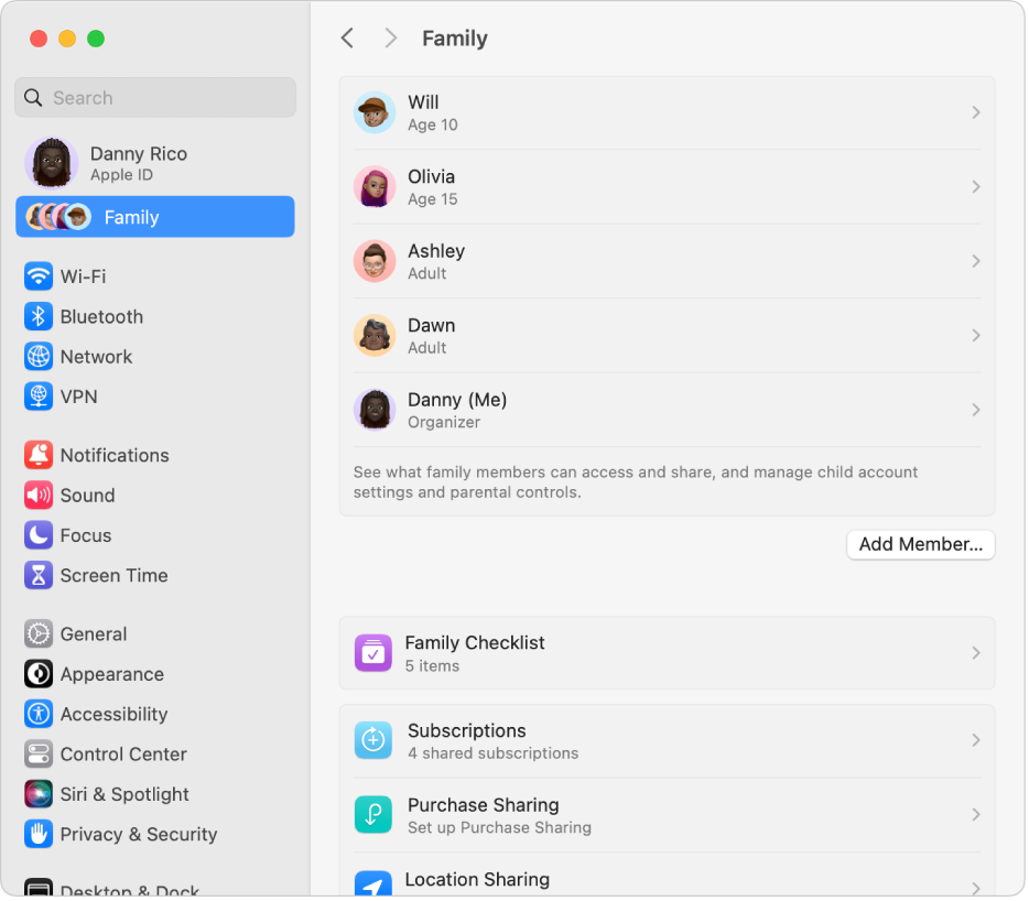 La configuración de Familia mostrando una lista de familiares para una cuenta existente y diferentes tipos de opciones de cuenta que puedes usar con Compartir en familia.