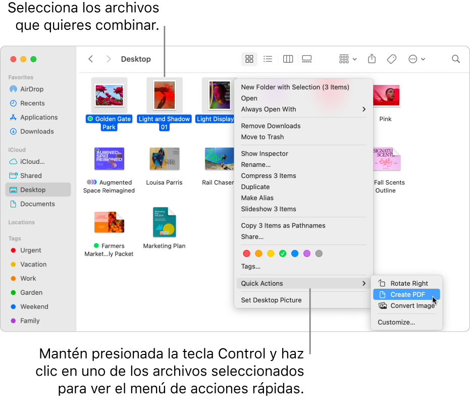 Una ventana del Finder con archivos y carpetas, donde hay seleccionados tres archivos y Crear PDF está resaltado en el Menú de acciones rápidas.