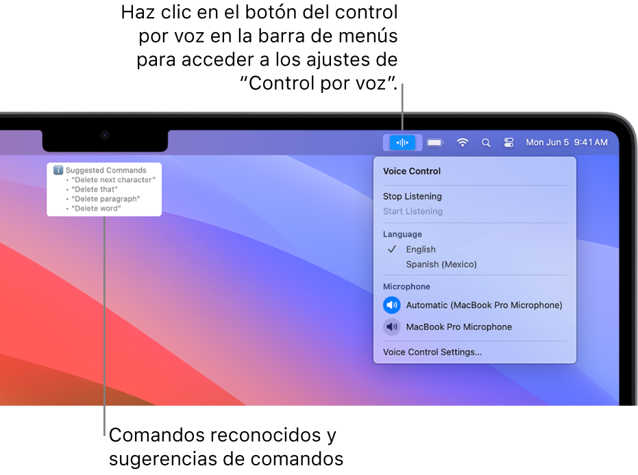 La ventana de retroalimentación del control por voz con las sugerencias de comandos de texto, como “Eliminar eso” o “Hacer clic en Eliminar”, arriba.