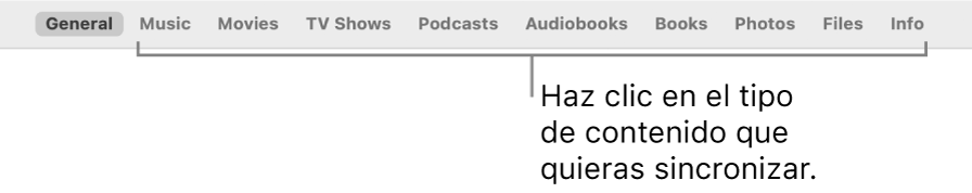 La barra de botones que muestra el botón General y botones de contenidos como música, películas, programas de TV, etc.