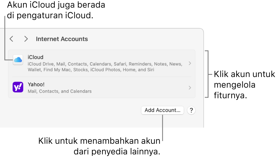 Pengaturan Akun Internet dengan akun yang diatur di Mac tercantum.