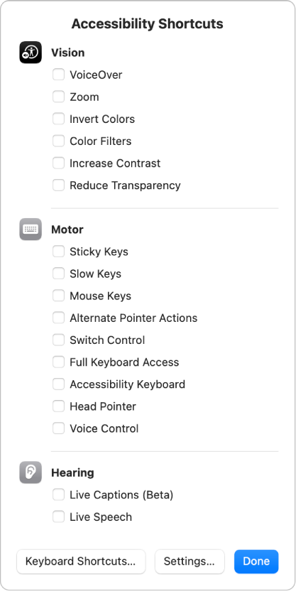 Il pannello “Abbreviazioni accessibilità” che elenca le funzionalità visive, come “Filtri colore”, le funzionalità fisiche e motorie, come “Accesso completo da tastiera” e le funzionalità uditive come “Trascrizioni live” (beta).