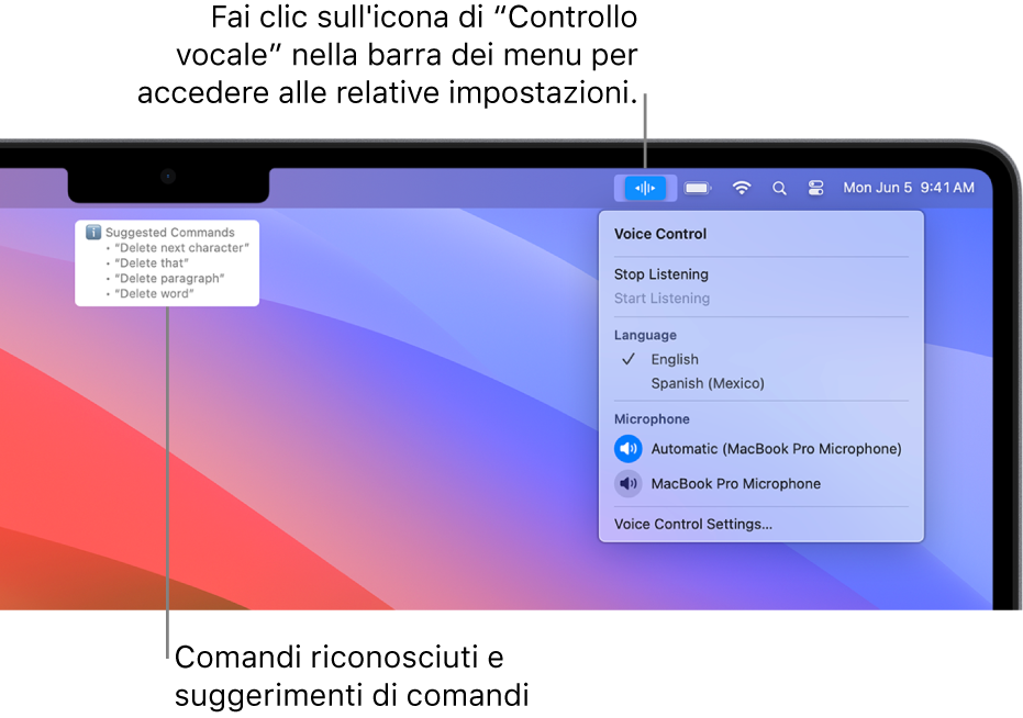 La finestra di feedback di “Controllo vocale” con i comandi di testo suggeriti, come “Elimina elemento” o “Fai clic su Elimina”, mostrati sopra.