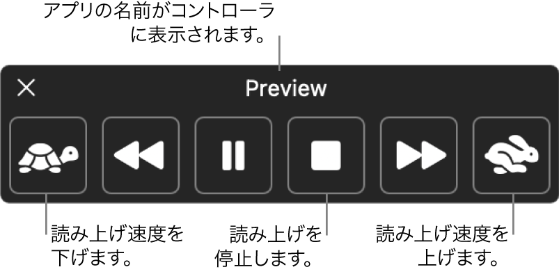 選択したテキストが読み上げられるときに表示できるオンスクリーンコントローラ。コントローラには、左から右の順に、読み上げ速度を下げるボタン、1つ前の文に戻るボタン、読み上げを再生または一時停止するボタン、読み上げを停止するボタン、1つあとの文に移動するボタン、読み上げ速度を上げるボタンの6個のボタンがあります。コントローラの一番上にアプリの名前が表示されています。