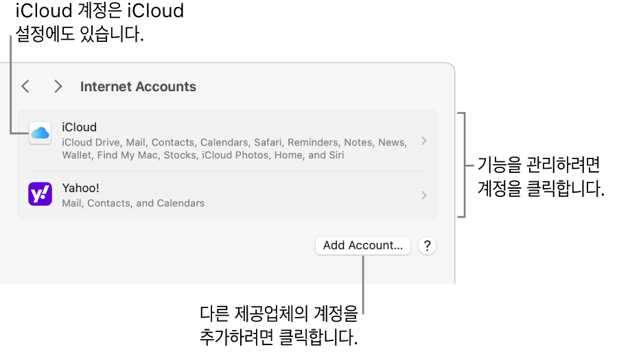 Mac에 설정된 계정 목록이 있는 인터넷 계정 설정.