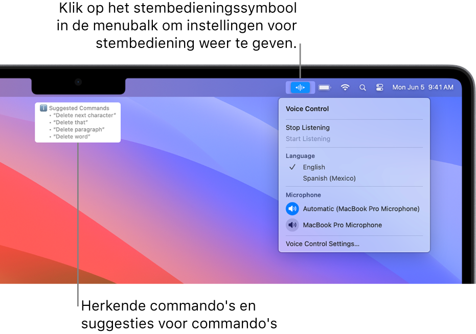 Het feedbackvenster van stembediening, met erboven voorgestelde commando's voor teksten, zoals "Verwijder dat" of "Klik op 'Verwijder'".