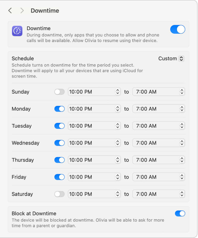 Instellingen voor 'Apparaatvrije tijd' in Schermtijd. 'Apparaatvrije tijd' is ingeschakeld. Er is voor elke dag van de week een aangepast schema voor apparaatvrije tijd ingesteld en de optie om het apparaat gedurende de apparaatvrije tijd te blokkeren, is ingeschakeld.