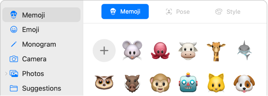 Opcje dotyczące obrazka Apple ID. Na pasku bocznym zaznaczona jest pozycja Memoji. Wyświetlane są różne Memoji.