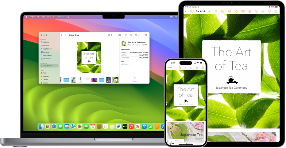 O mesmo documento do Pages no iCloud Drive em uma janela do Finder em um Mac e no app Pages em um iPhone e iPad.