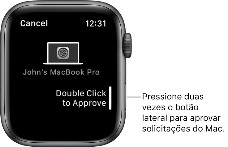 Apple Watch mostrando uma solicitação de aprovação de um MacBook Pro.