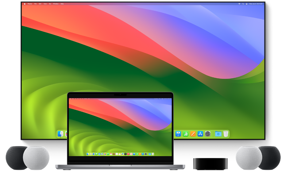 Um computador Mac e dispositivos para os quais ele pode transmitir conteúdo pelo AirPlay, por exemplo, uma Apple TV, alto-falantes HomePod mini e uma Smart TV.