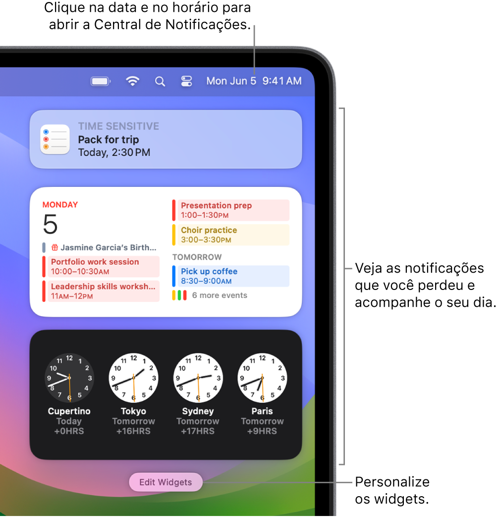 Notificações e widgets na Central de Notificações.