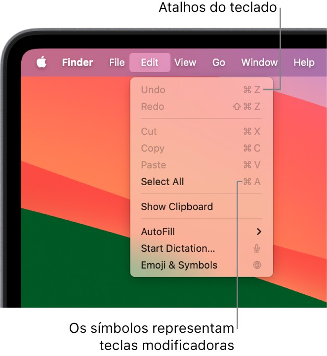 O menu Editar está aberto no Finder; aparecem atalhos de teclado ao lado dos itens do menu.