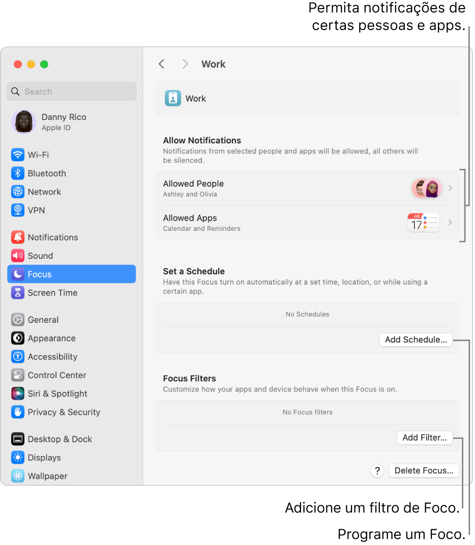 Ajustes de Foco mostrando ajustes para o Foco Trabalho. Na parte superior, está a lista de pessoas e apps cujas notificações são permitidas quando o Foco Trabalho está ativado.