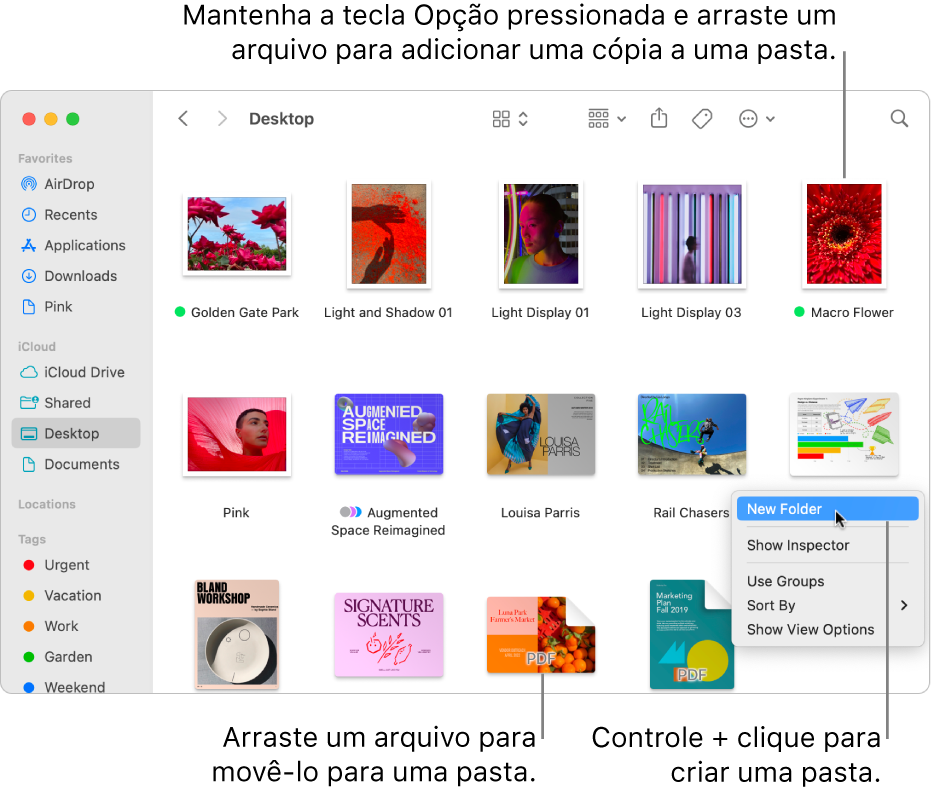 Janela do Finder contendo arquivos e pastas. No menu de atalho, Nova Pasta está destacado.