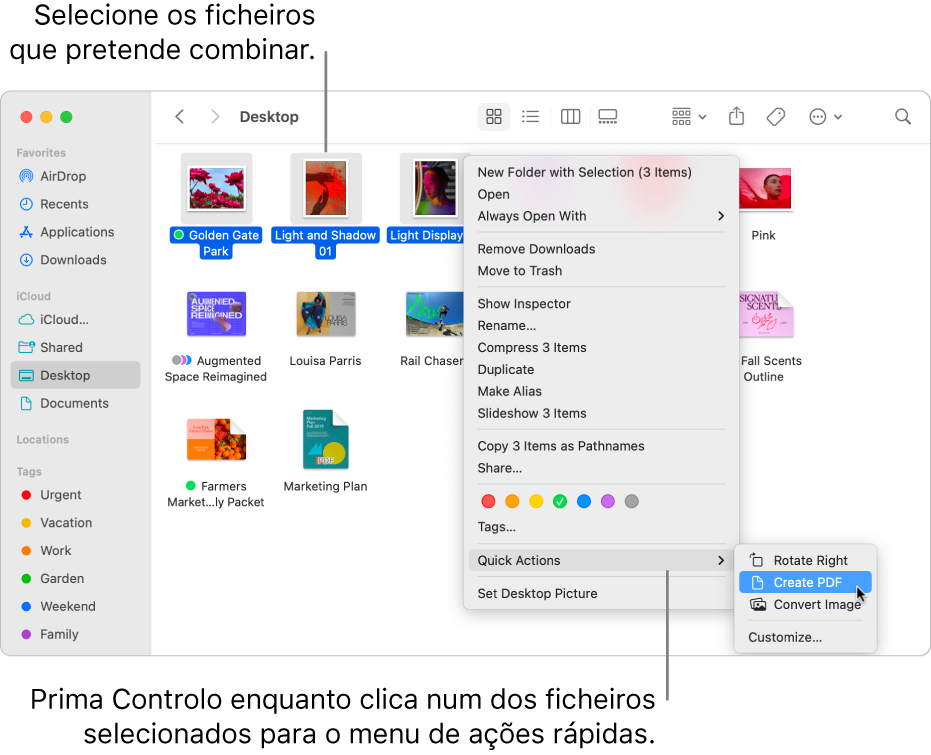 Uma janela do Finder com ficheiros e pastas, na qual estão selecionados três ficheiros e o elemento “Criar PDF” está realçado no menu “Ações rápidas”.