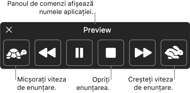 Panoul de comenzi de pe ecran care poate fi afișat atunci când Mac-ul enunță textul selectat. Panoul de comenzi conține șase butoane, de la stânga la dreapta, pentru micșorarea vitezei de enunțare, saltul înapoi cu o propoziție, redarea sau suspendarea enunțării, oprirea enunțării, saltul înainte cu o propoziție și creșterea vitezei de enunțare. Numele aplicației este afișat în partea de sus a panoului de comenzi.