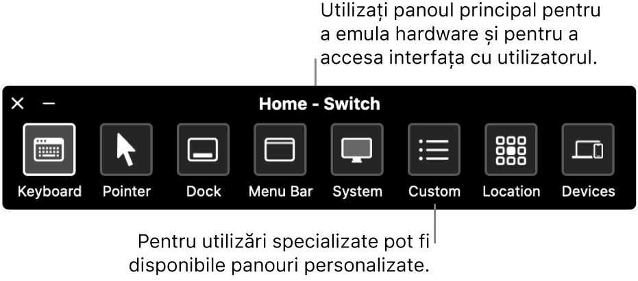 Panoul principal Control comutator, care include, de la stânga la dreapta, butoane pentru a controla tastatura, cursorul, Dock-ul, bara de meniu, comenzile de sistem, panourile personalizate, locul ecranului și alte dispozitive.