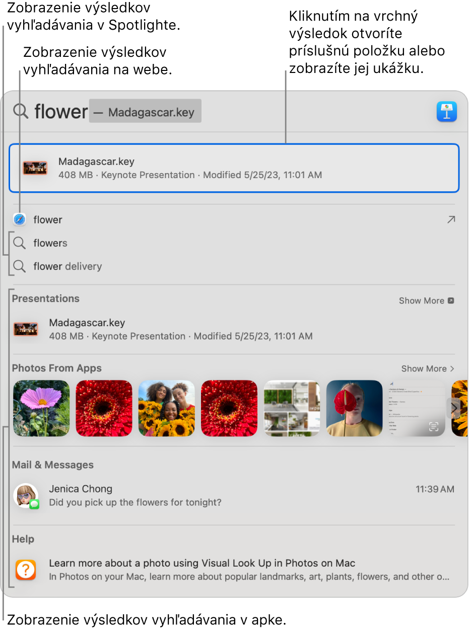 Okno Spotlightu zobrazujúce vyhľadávaný text vo vyhľadávacom poli v hornej časti okna a výsledky uvedené nižšie.