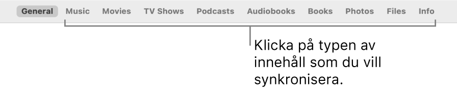 Knappfältet med knapparna Allmänt och knappar för innehåll som musik, filmer, TV-program med mera.