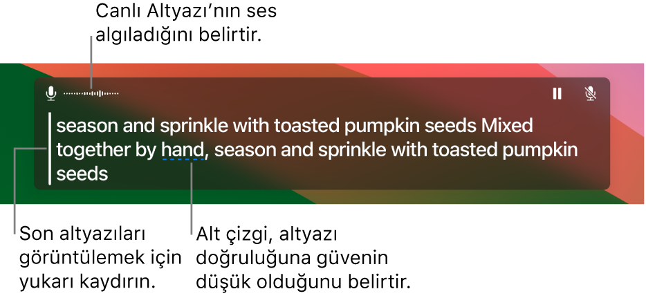 Bilgisayarın mikrofon sesinin gerçek zamanlı dökümü Canlı Altyazı penceresinde kaydırılabilir metin olarak gösterilir. Altı çizgili bir sözcük, o altyazının doğruluğuna güvenin düşük olduğunu belirtir.