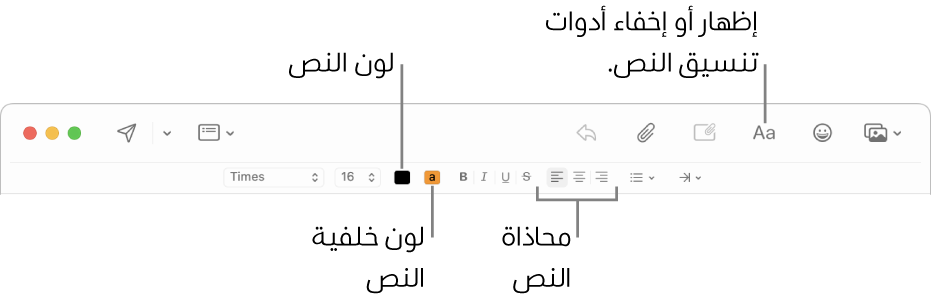 شريط الأدوات وشريط التنسيق في نافذة رسالة جديدة، مع الإشارة إلى أزرار لون النص ولون خلفية النص ومحاذاة النص.