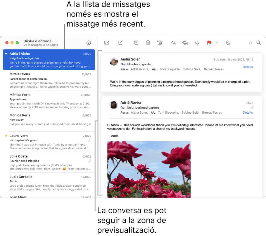 A la llista de missatges, només es mostra el més recent d’una conversa. Una xifra al missatge superior indica el nombre de missatges de la conversa que estan a la bústia actual. Segueix la conversa a l’àrea de previsualització.