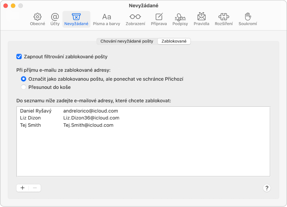 Panel „Zablokováno“ v nastavení Mailu se seznamem zablokovaných odesilatelů Je zaškrtnuté políčko aktivující filtrování blokované pošty a stejně tak i volba, která určuje, že blokovaná pošta má být označena, ale po přijetí ponechána ve schránce Příchozí.