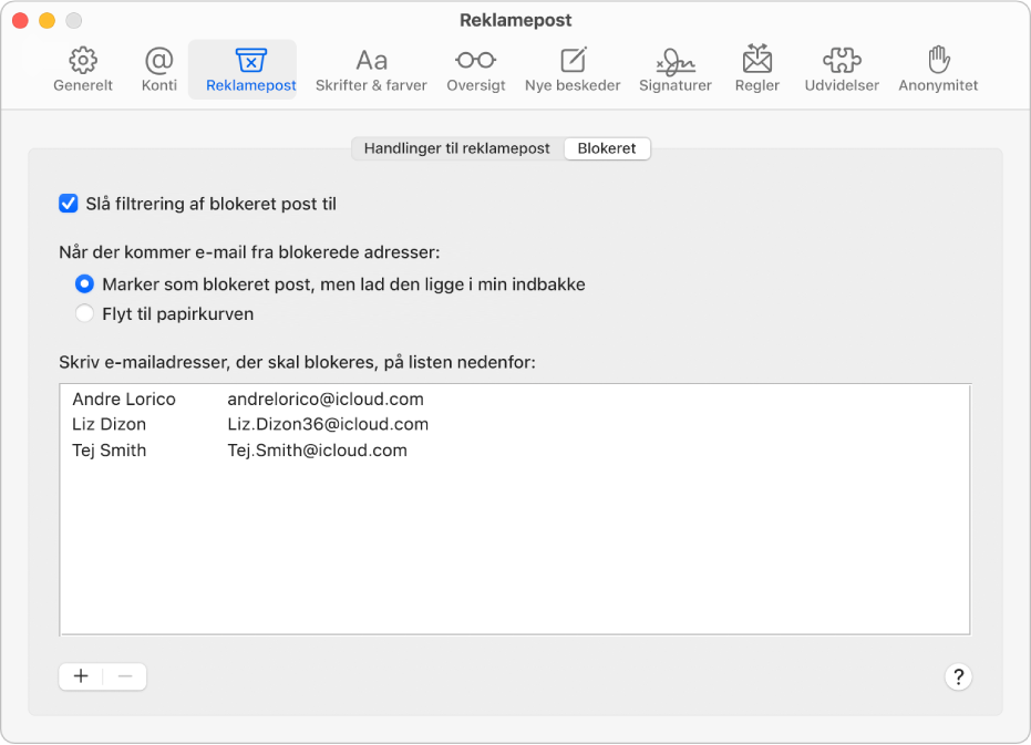 Vinduet Blokeret i indstillingerne til Mail med en liste over blokerede afsendere. Afkrydsningsfeltet til aktivering af filtrering af blokeret post er valgt, og det samme er muligheden for, at blokeret post skal markeres, men blive i indbakken efter modtagelse.