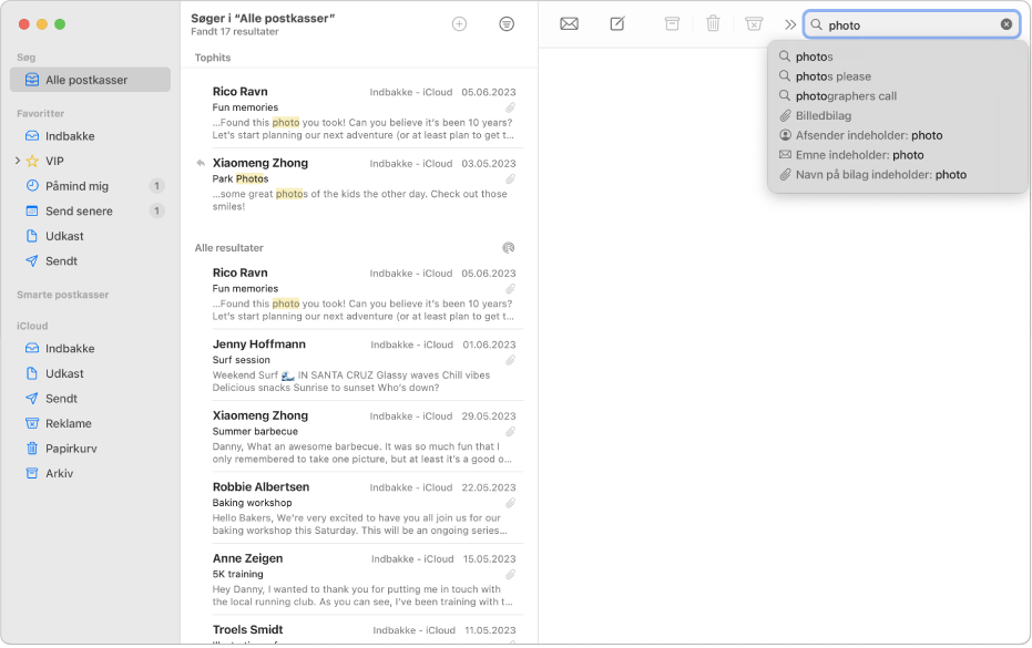 Et vindue i Mail, der viser resultaterne af en søgning.
