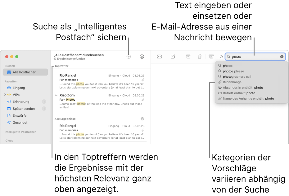 Das durchsuchte Postfach wird in der Suchleiste hervorgehoben. Wenn du ein anderes Postfach durchsuchen möchtest, klicke einfach auf dessen Namen. Du kannst Text in das Suchfeld eingeben oder einsetzen oder eine E-Mail-Adresse aus einer E-Mail bewegen. Während der Eingabe werden unterhalb des Suchfelds Vorschläge angezeigt. Diese werden abhängig von dem von dir gesuchten Text in Kategorien wie Betreff, Status oder Anhänge verwaltet. In den Toptreffern werden die Ergebnisse mit der höchsten Relevanz ganz oben angezeigt.