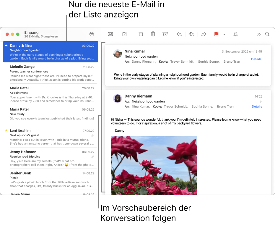 In diesem Fall wird in der E-Mail-Liste nur die jeweils jüngste/letzte E-Mail der jeweiligen Konversation angezeigt. Eine Zahl oben in der E-Mail gibt an, wie viele der E-Mails der Konversation sich im aktuellen Postfach befinden. Im Vorschaubereich kannst du der Konversation folgen.