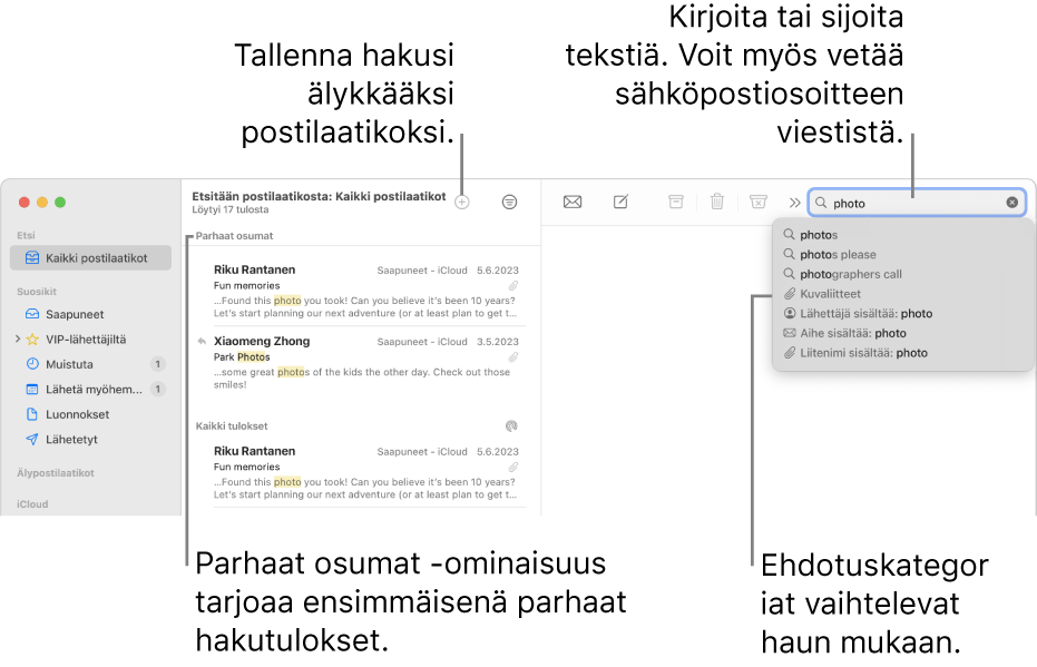 Postilaatikko, josta etsitään, näkyy korostettuna hakupalkissa. Jos haluat etsiä toisesta postilaatikosta, klikkaa sen nimeä. Voit kirjoittaa tai sijoittaa tekstiä hakukenttään tai vetää sähköpostiosoitteen viestistä. Kun kirjoitat, ehdotuksia tulee näkyviin hakukentän alapuolelle. Ne on järjestetty kategorioittain (kuten Aihe tai Liitteet) ja riippuvat etsimästäsi tekstistä. Parhaat osumat -ominaisuus näyttää parhaat hakutulokset ensin.