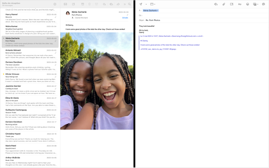 Liste des messages à côté d’une fenêtre de rédaction en Split View.