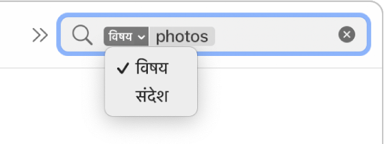 खोज फ़िल्टर जिसके डाउन-ऐरो पर दो विकल्पों को दिखाने के लिए क्लिक किया गया है। विषय और पूरा संदेश। विषय चुना गया है।